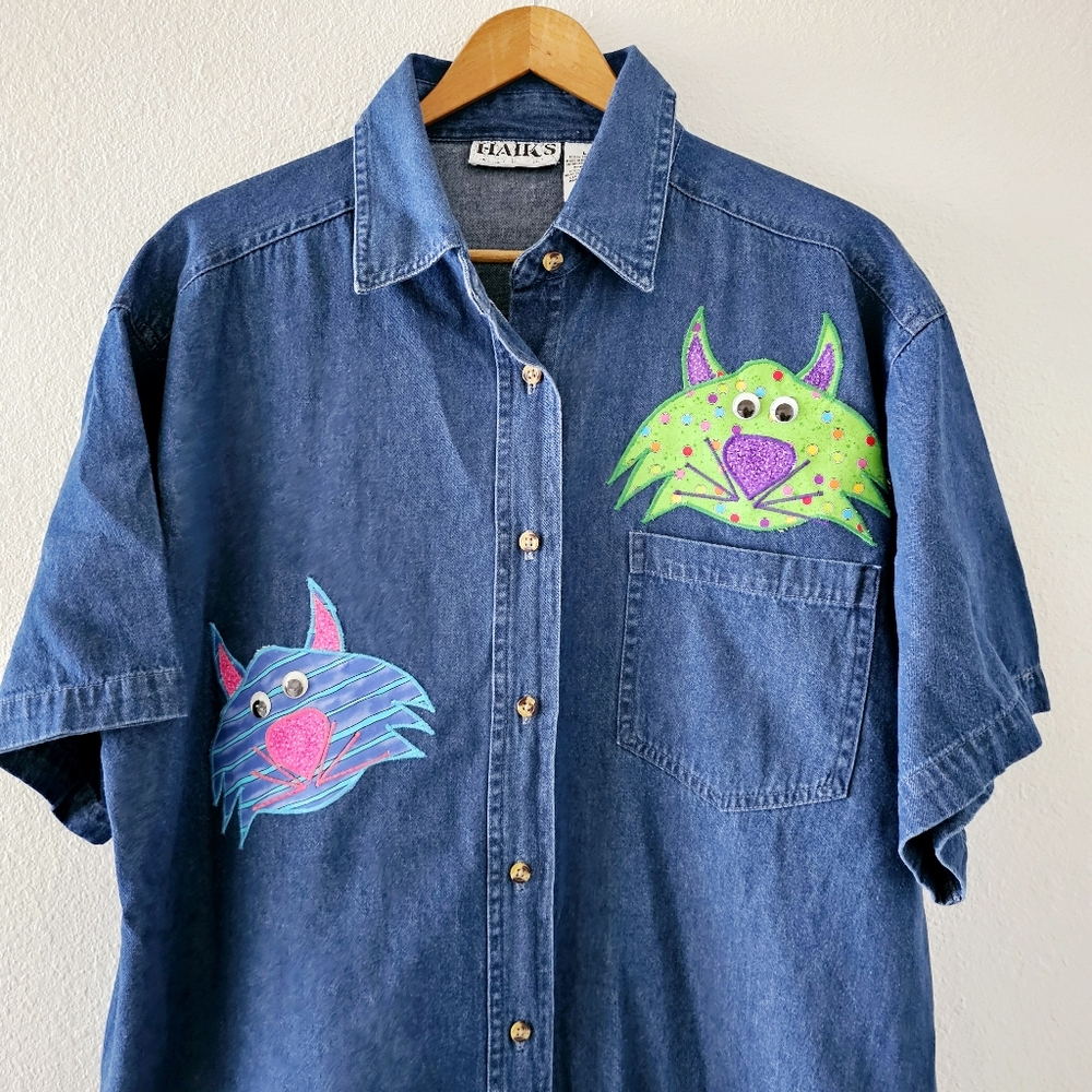 Vintage Haiks crazy cats denim blouse size L embroidered embellished - Picture 2 of 16